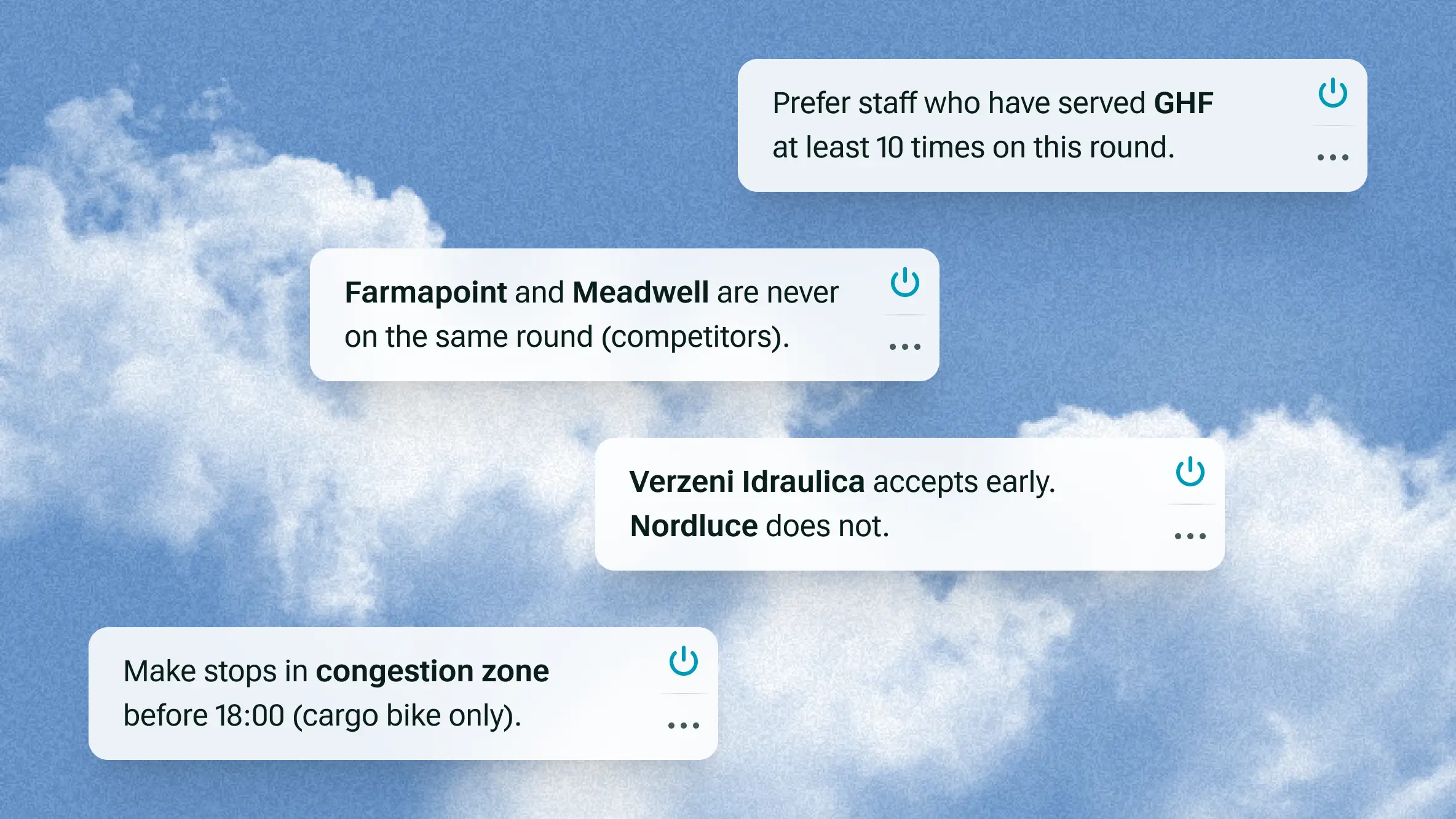 Four dispatcher rules written in plain language, each on its own card against a bright sky: keep two competitors off the same round, make congestion-zone stops by cargo bike before 18:00, and so on.