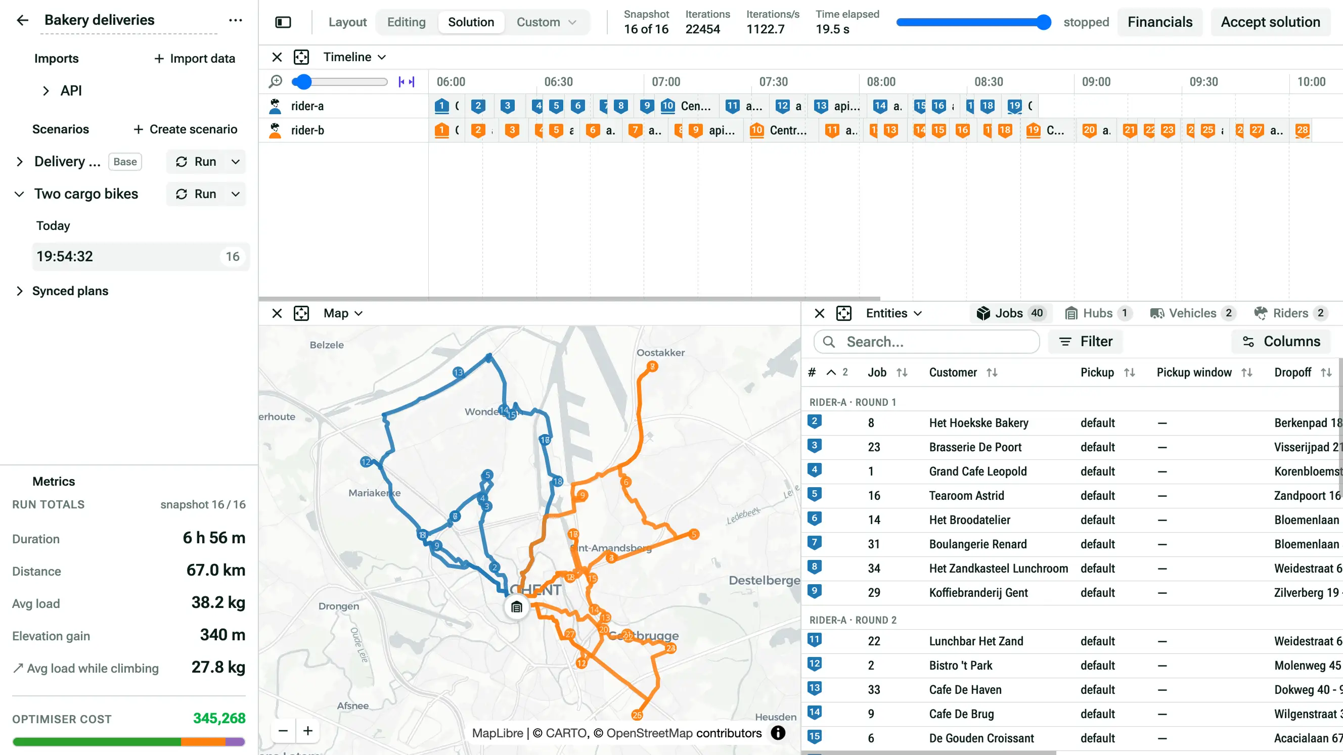 The Parcelle planner mid-plan for a bakery’s deliveries in Ghent by two cargo bikes: each rider’s stops on a timeline, both routes on the city map, the job list by round, and run totals including 67 km distance and 340 m elevation gain.