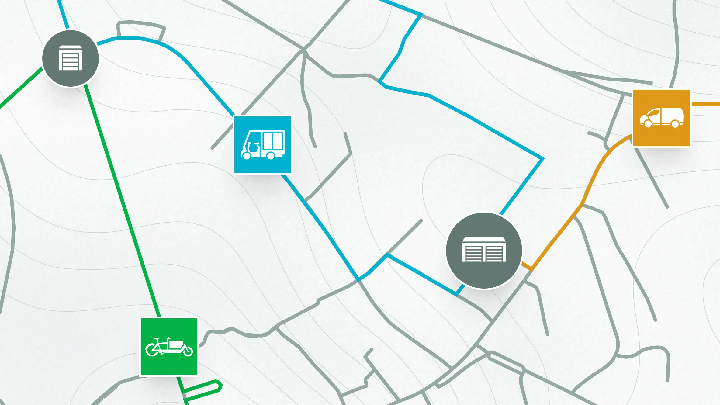 A city map with three colour-coded routes running out of two depots – one for a cargo bike, one for a light electric vehicle and one for a van.
